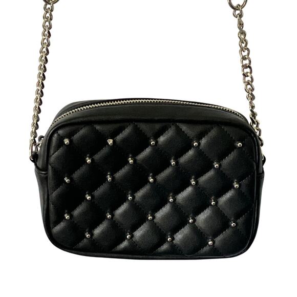 Rebecca Minkoff Purse Crossbody Bag Black Diamond Quilted Design Studded Top Zip - Picture 1 of 9